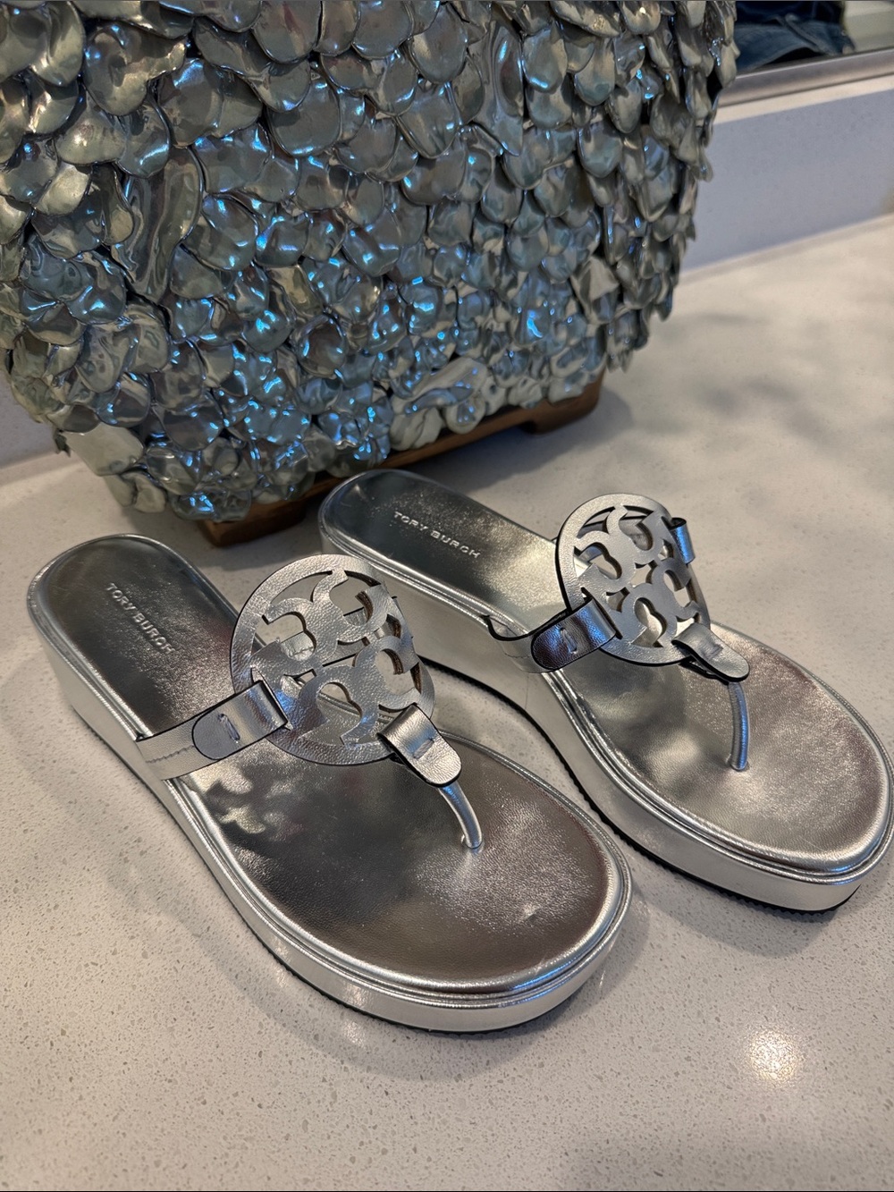 Tory Burch Metallic Silver Logo Thong Sandals